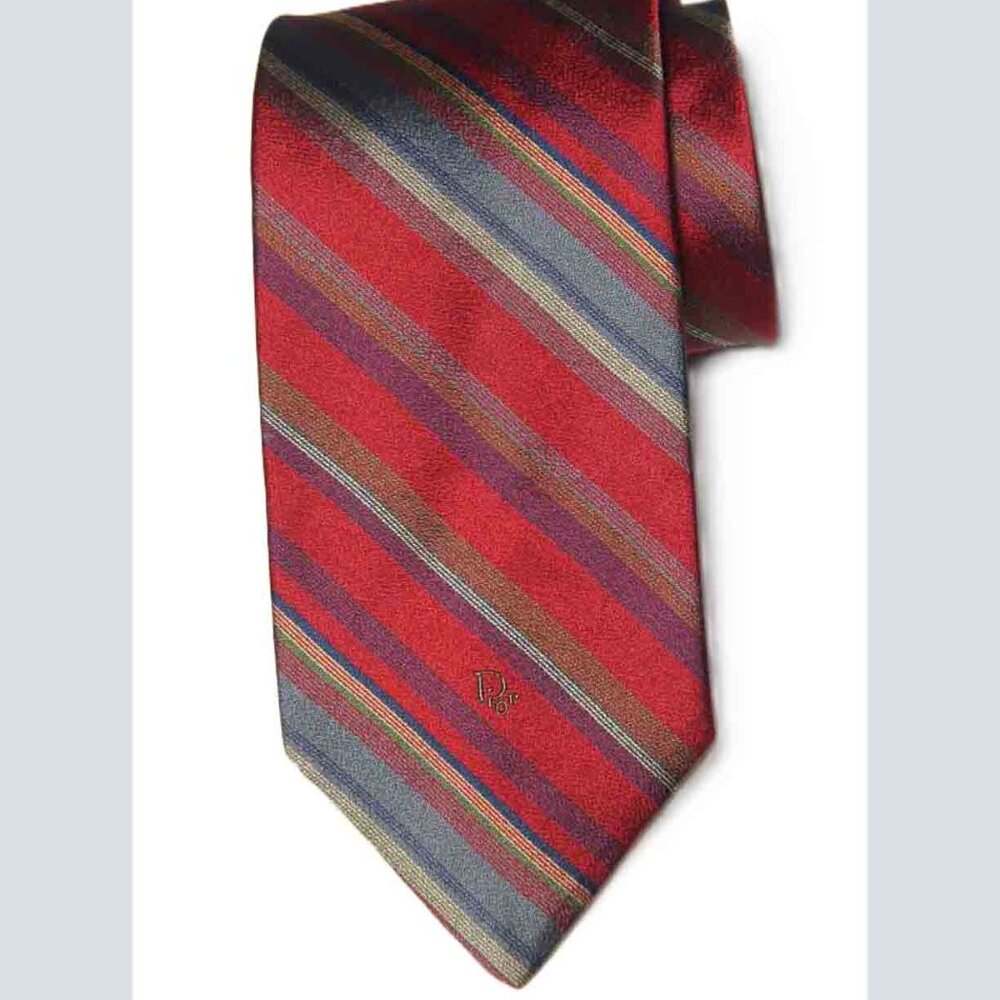 Vintage Christian Dior Tie Red Gold Gray Blue Green Striped Men's
